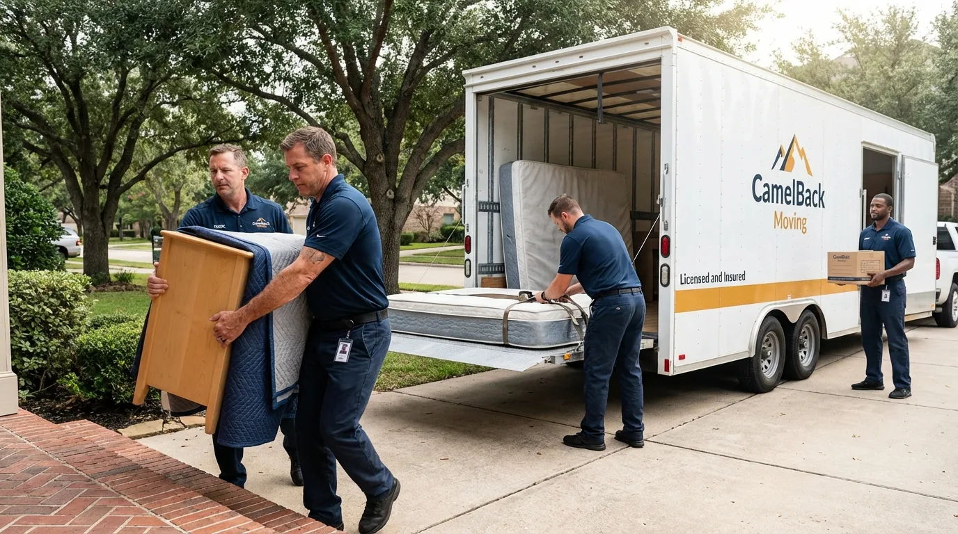 Crew loading residential truck for cross-state move from Darlington, WI