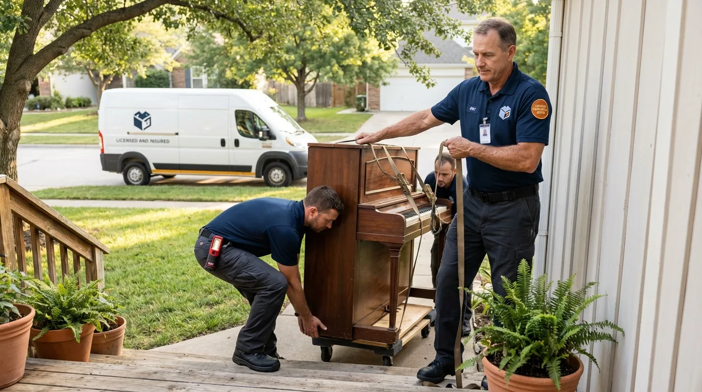 Licensed piano movers securing grand piano in Darlington, WI