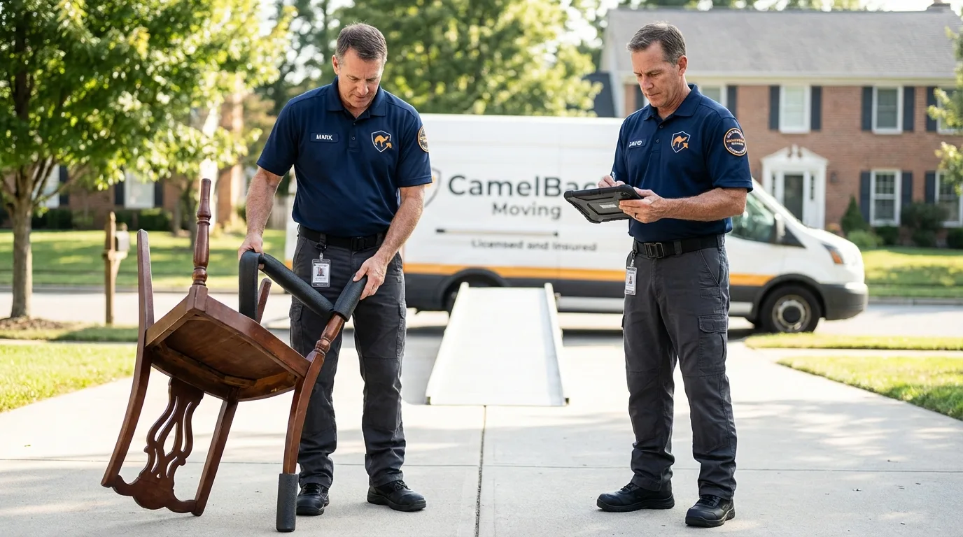 Movers inspecting furniture for damage prevention before loading in Darlington, WI