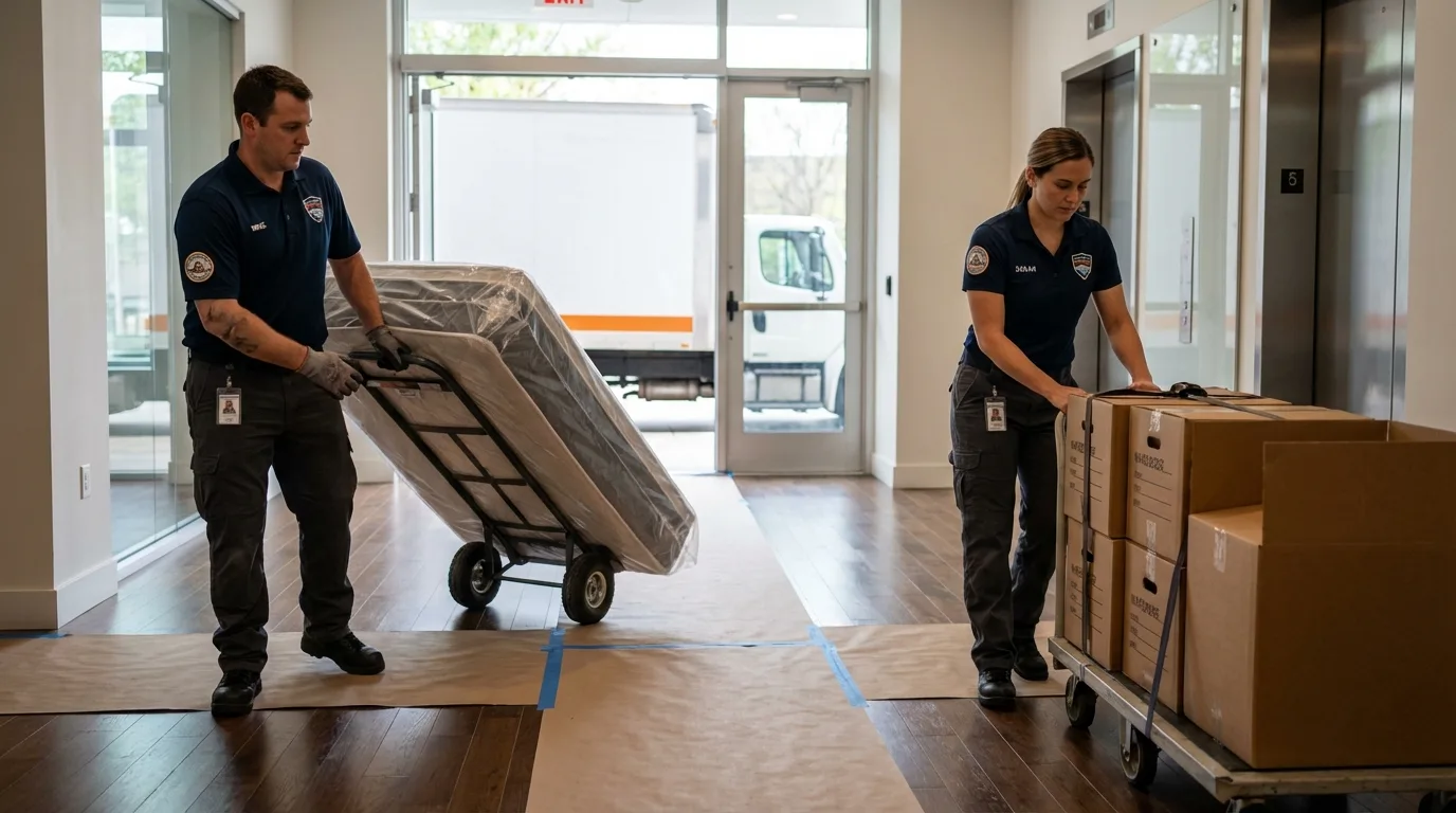 Professional apartment movers loading elevator in Darlington, WI