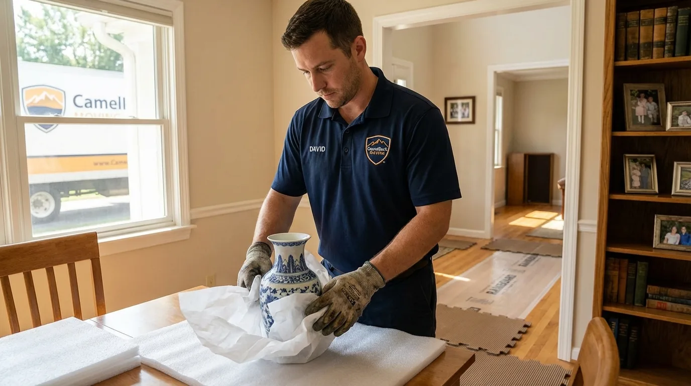 Professional crew carefully wrapping antique vase for senior downsizing move in Darlington, WI